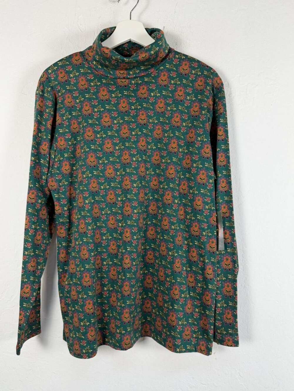 Vintage Charter Club Jane Justin Teal Calico Floral Knit Turtleneck Top XL New